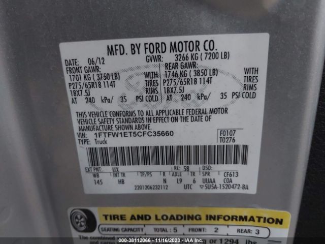 Photo 8 VIN: 1FTFW1ET5CFC35660 - FORD F-150 