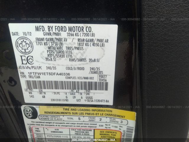 Photo 8 VIN: 1FTFW1ET5DFA40336 - FORD F-150 