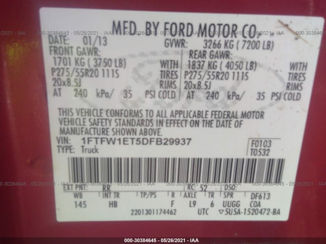 Photo 8 VIN: 1FTFW1ET5DFB29937 - FORD F-150 