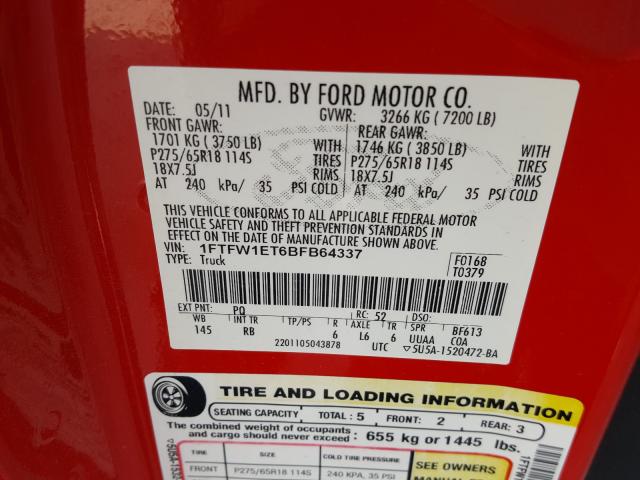 Photo 9 VIN: 1FTFW1ET6BFB64337 - FORD F150 SUPER 