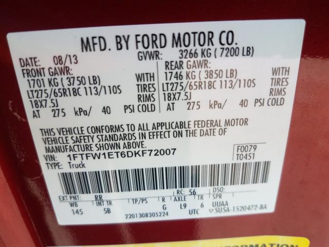 Photo 9 VIN: 1FTFW1ET6DKF72007 - FORD F150 SUPER 