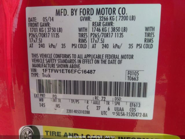 Photo 8 VIN: 1FTFW1ET6EFC16487 - FORD F-150 