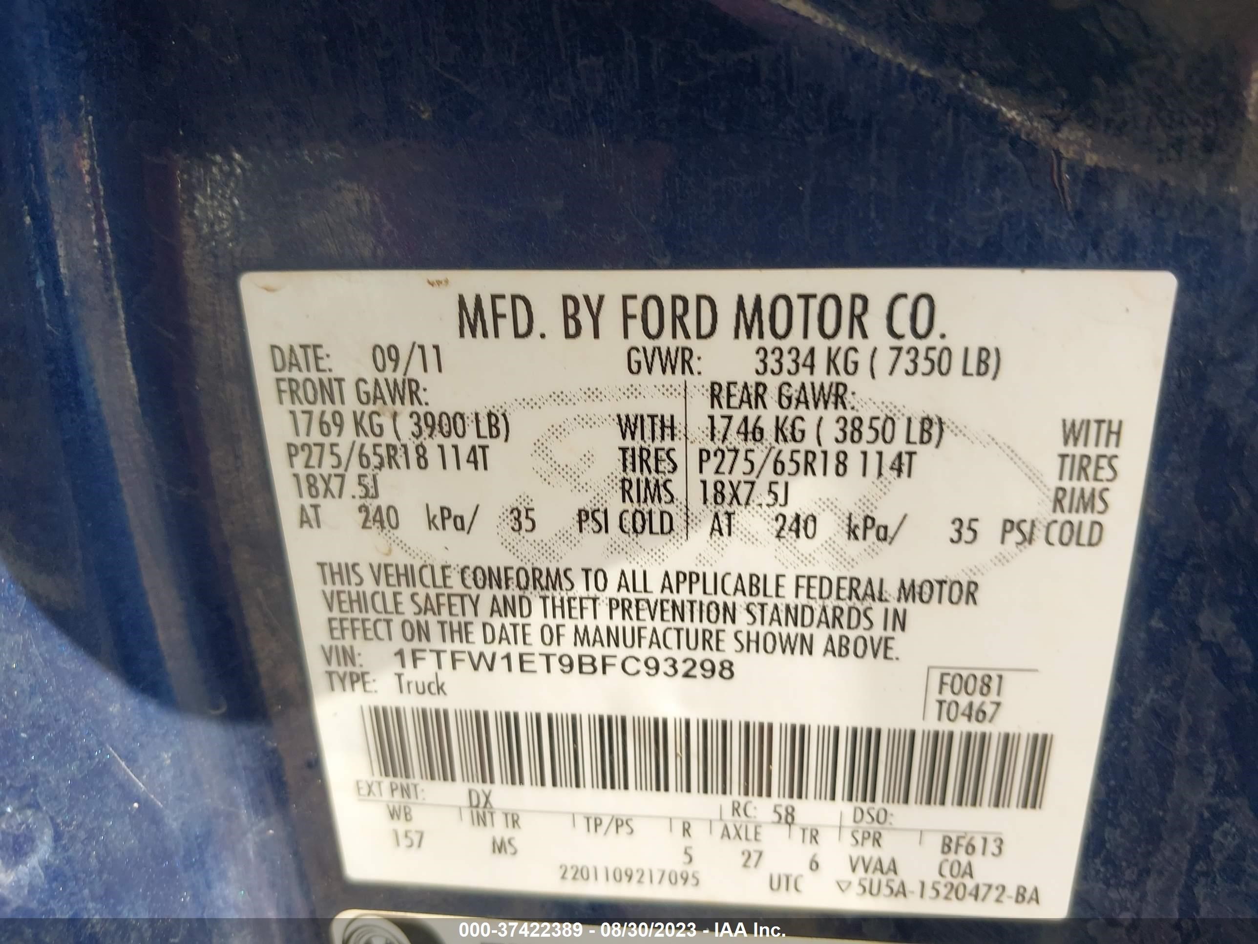 Photo 8 VIN: 1FTFW1ET9BFC93298 - FORD F-150 