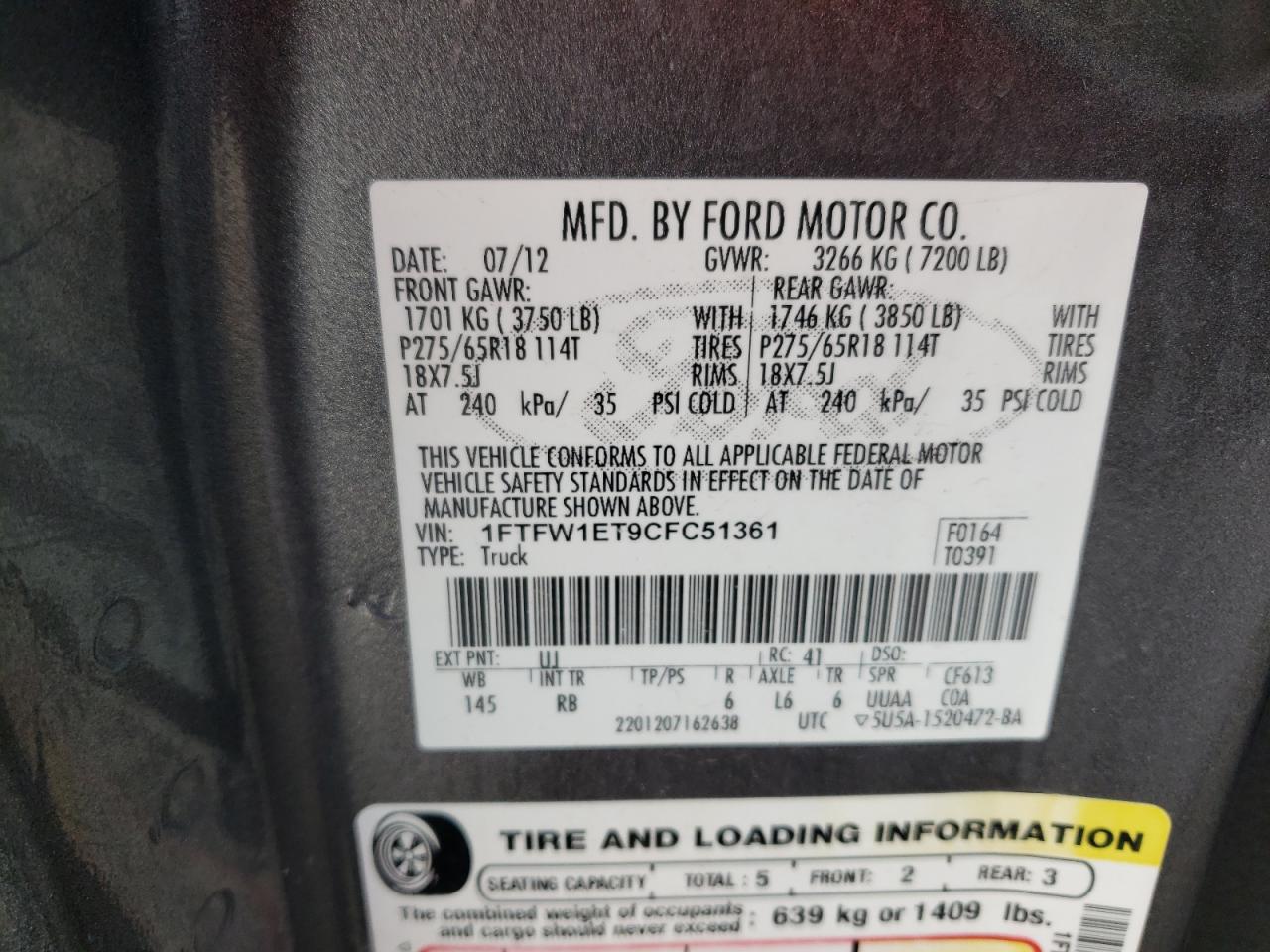 Photo 12 VIN: 1FTFW1ET9CFC51361 - FORD F-150 