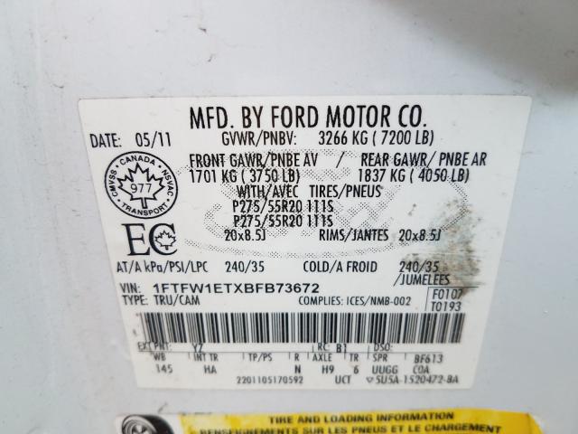 Photo 9 VIN: 1FTFW1ETXBFB73672 - FORD F150 SUPER 