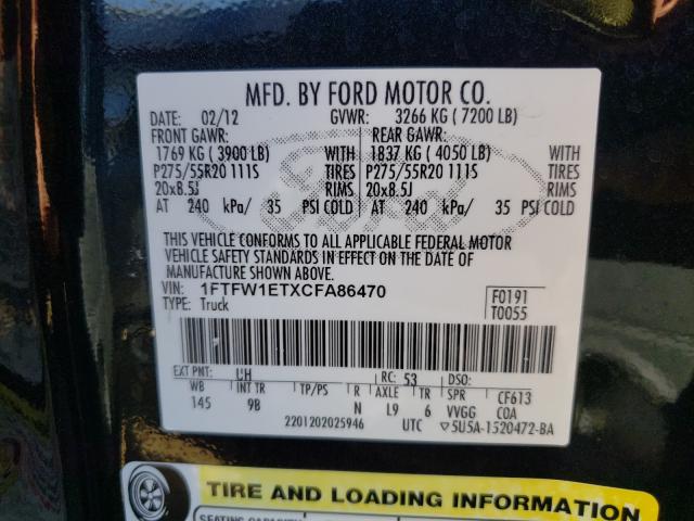 Photo 9 VIN: 1FTFW1ETXCFA86470 - FORD F150 SUPER 