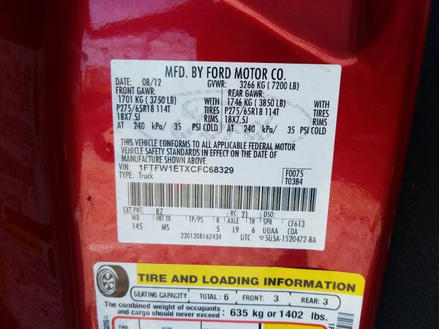 Photo 9 VIN: 1FTFW1ETXCFC68329 - FORD F150 SUPER 