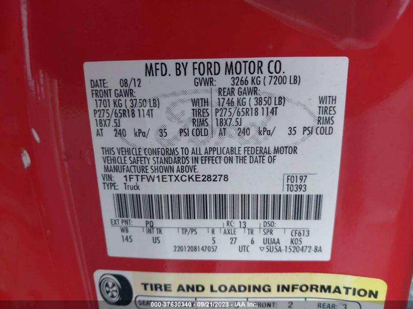 Photo 8 VIN: 1FTFW1ETXCKE28278 - FORD F-150 