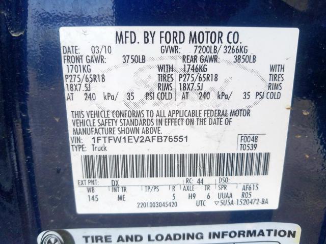 Photo 9 VIN: 1FTFW1EV2AFB76551 - FORD F150 SUPER 