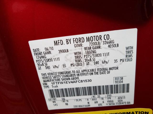 Photo 9 VIN: 1FTFW1EV4AFC81530 - FORD F150 SUPER 