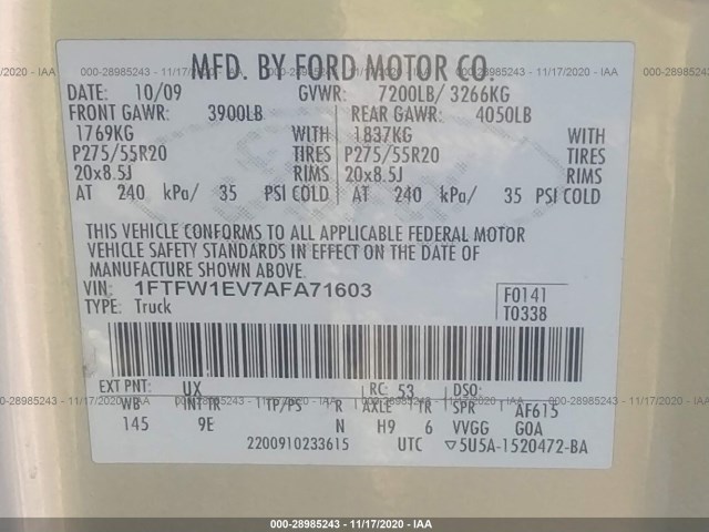 Photo 8 VIN: 1FTFW1EV7AFA71603 - FORD F-150 