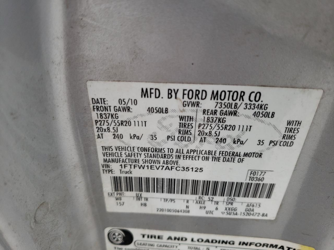 Photo 12 VIN: 1FTFW1EV7AFC35125 - FORD F-150 