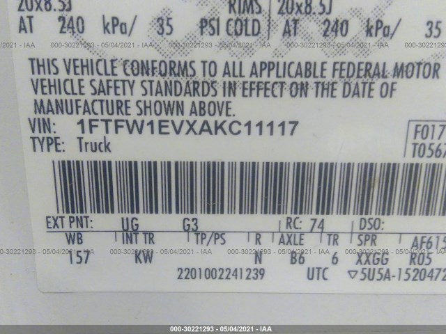 Photo 8 VIN: 1FTFW1EVXAKC11117 - FORD F-150 