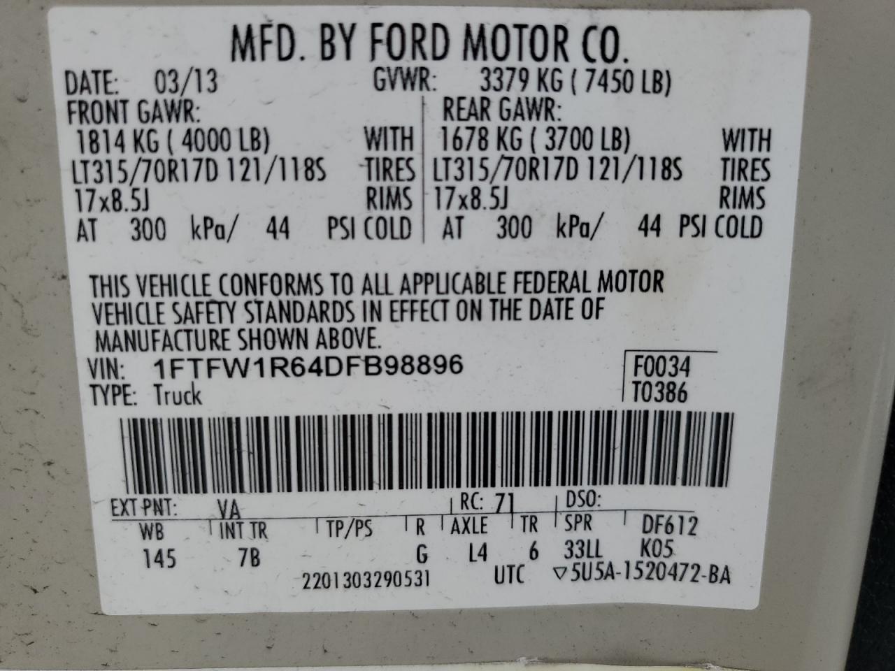 Photo 11 VIN: 1FTFW1R64DFB98896 - FORD F-150 