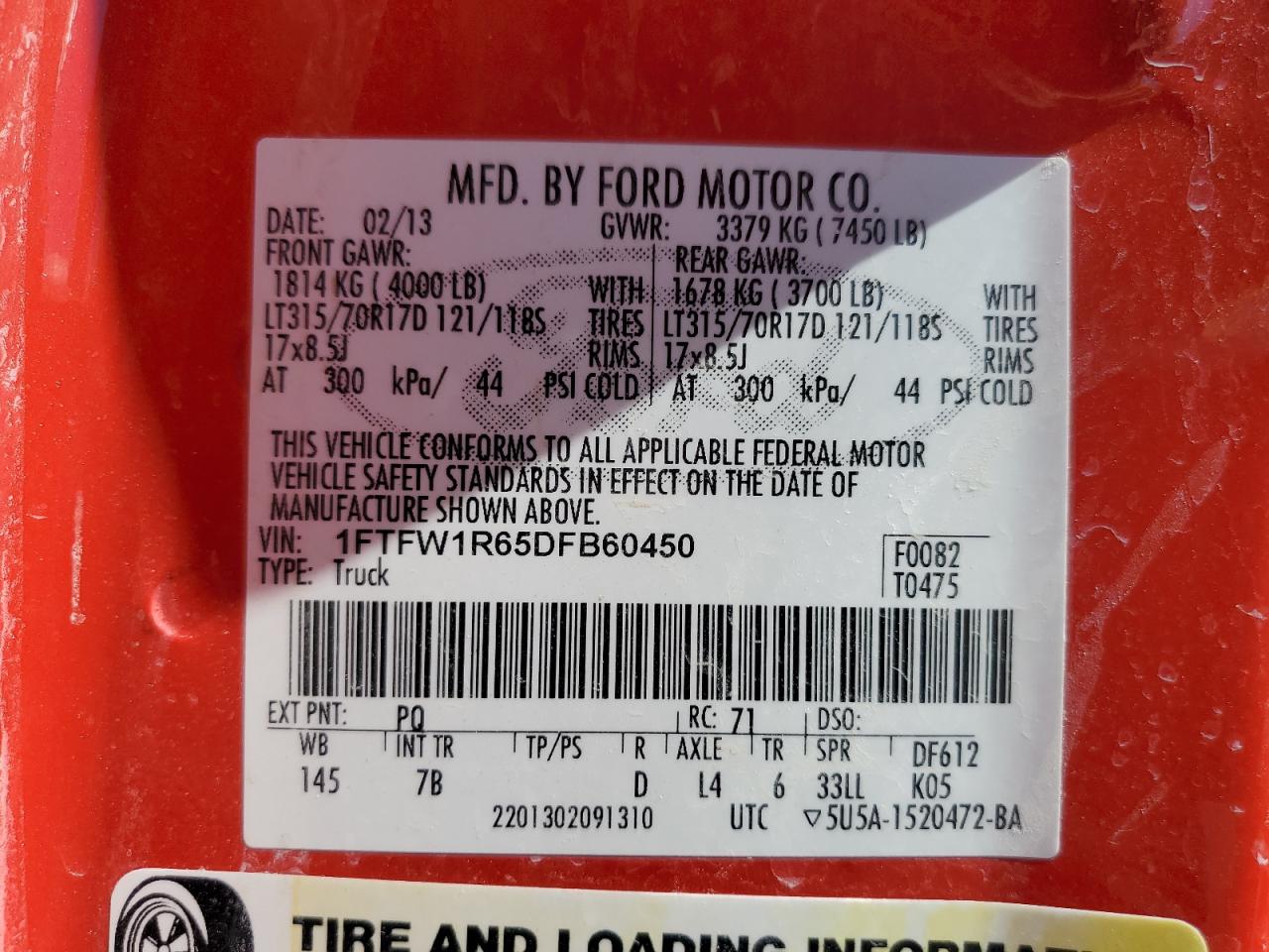 Photo 12 VIN: 1FTFW1R65DFB60450 - FORD F-150 