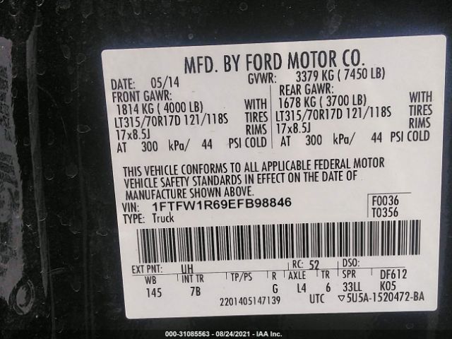 Photo 8 VIN: 1FTFW1R69EFB98846 - FORD F150 