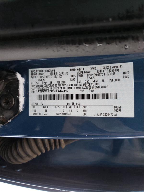 Photo 9 VIN: 1FTFW1RG2KFA62417 - FORD F150 RAPTO 