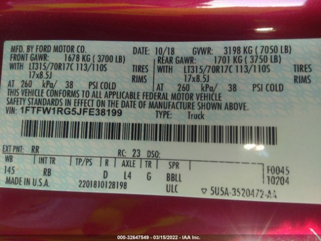 Photo 8 VIN: 1FTFW1RG5JFE38199 - FORD F-150 