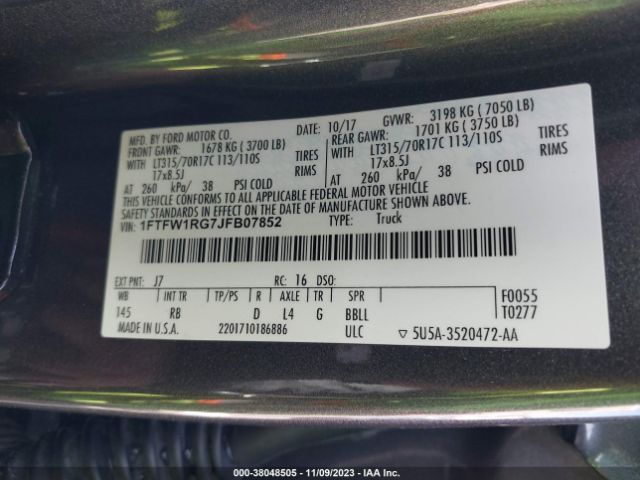 Photo 8 VIN: 1FTFW1RG7JFB07852 - FORD F-150 