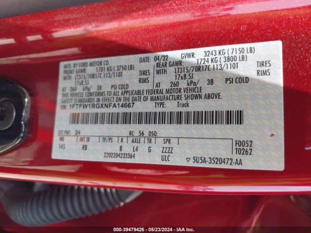 Photo 8 VIN: 1FTFW1RGXNFA14667 - FORD F150 