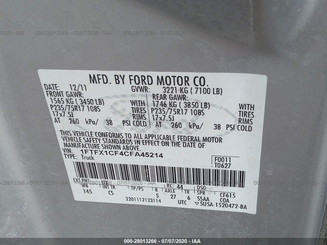 Photo 8 VIN: 1FTFX1CF4CFA45214 - FORD F-150 