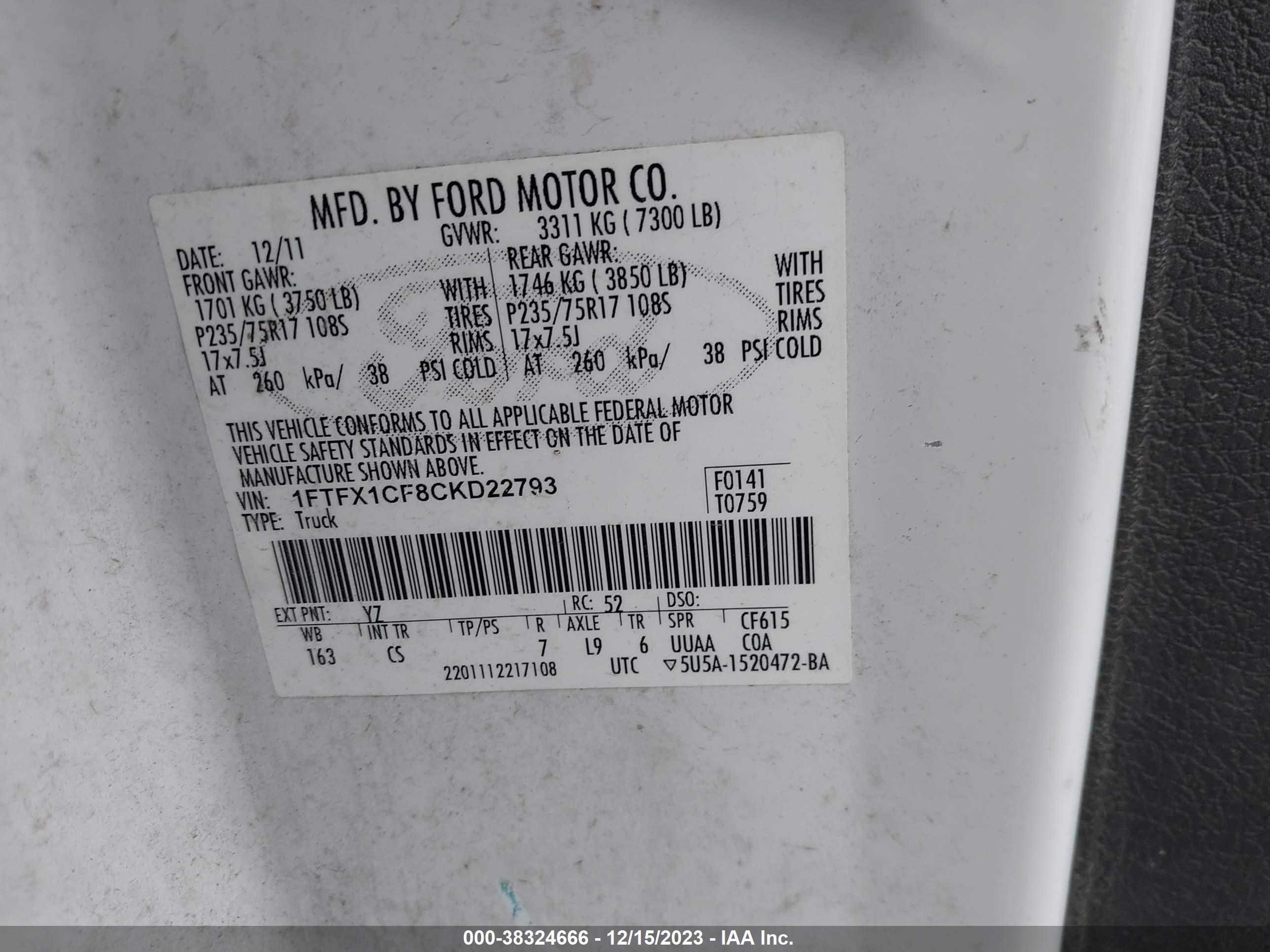 Photo 8 VIN: 1FTFX1CF8CKD22793 - FORD F-150 