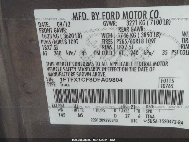 Photo 8 VIN: 1FTFX1CF8DFA09804 - FORD F-150 