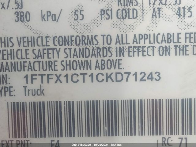 Photo 8 VIN: 1FTFX1CT1CKD71243 - FORD F-150 