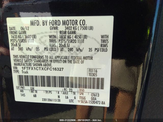 Photo 8 VIN: 1FTFX1CTXCFC16327 - FORD F-150 