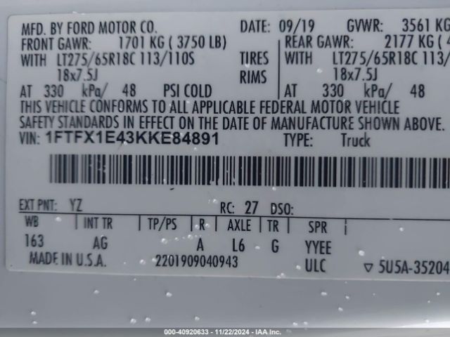 Photo 8 VIN: 1FTFX1E43KKE84891 - FORD F-150 