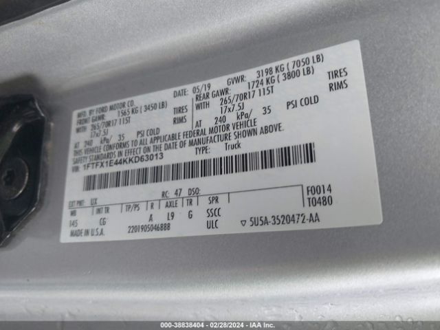 Photo 8 VIN: 1FTFX1E44KKD63013 - FORD F-150 