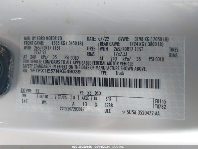 Photo 8 VIN: 1FTFX1E57NKE49039 - FORD F-150 