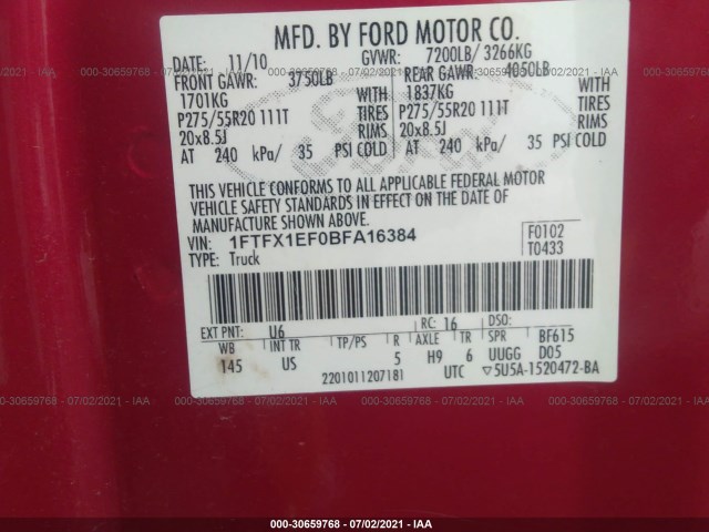 Photo 8 VIN: 1FTFX1EF0BFA16384 - FORD F-150 