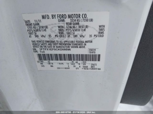 Photo 8 VIN: 1FTFX1EF0CKD09596 - FORD F-150 