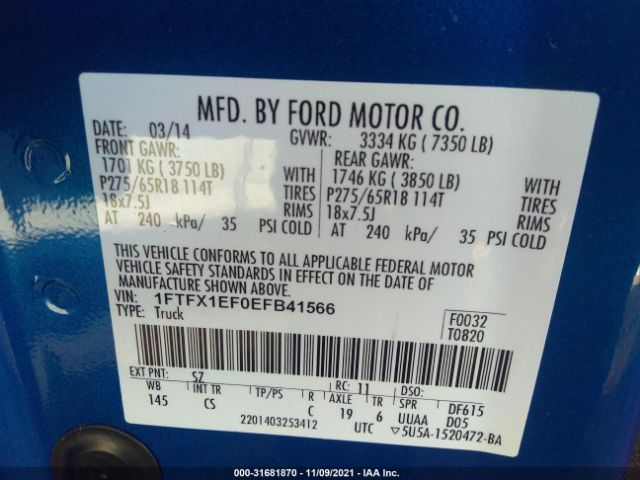 Photo 8 VIN: 1FTFX1EF0EFB41566 - FORD F-150 