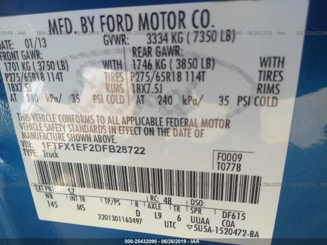 Photo 8 VIN: 1FTFX1EF2DFB28722 - FORD F-150 