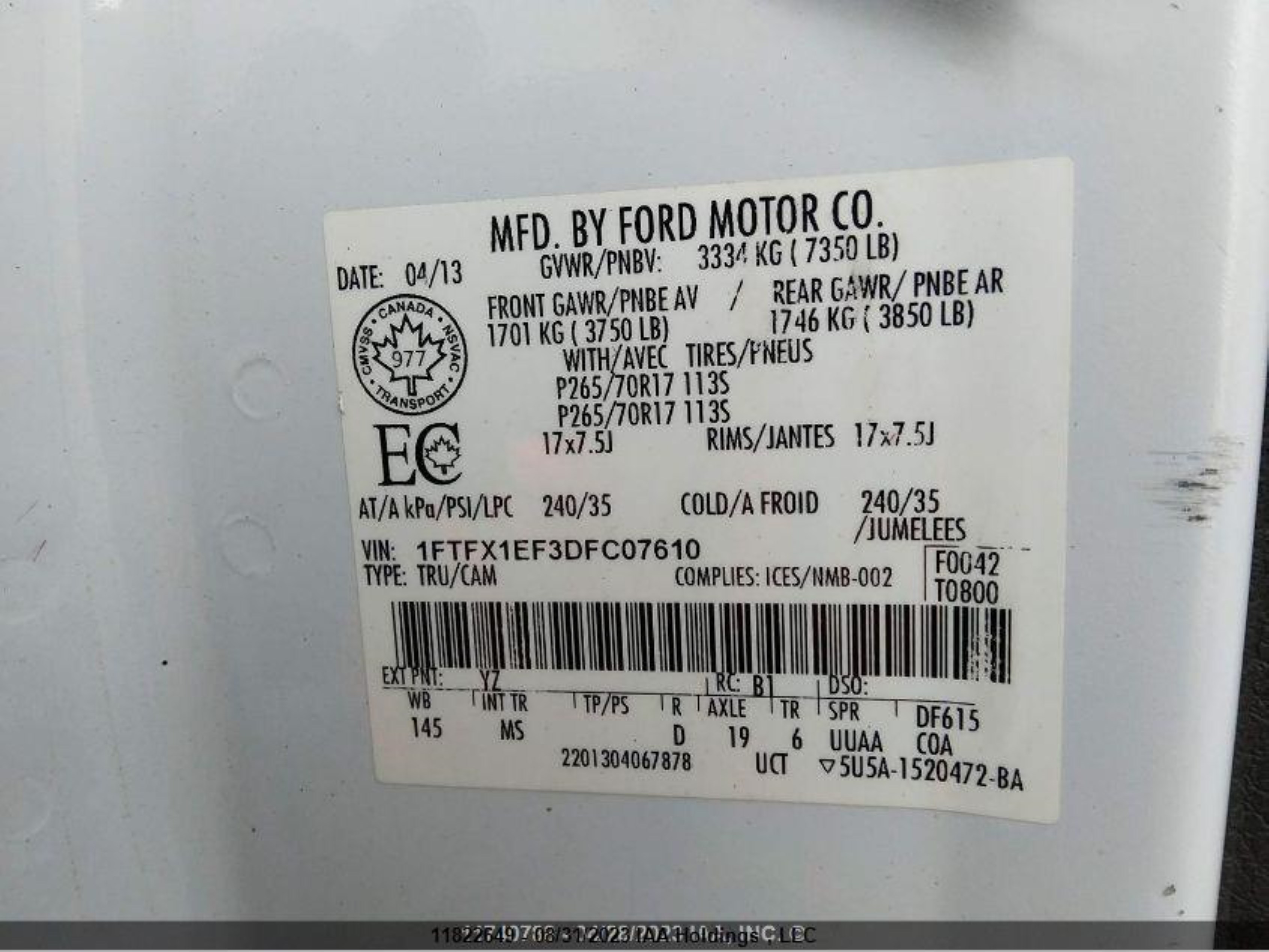 Photo 8 VIN: 1FTFX1EF3DFC07610 - FORD F-150 