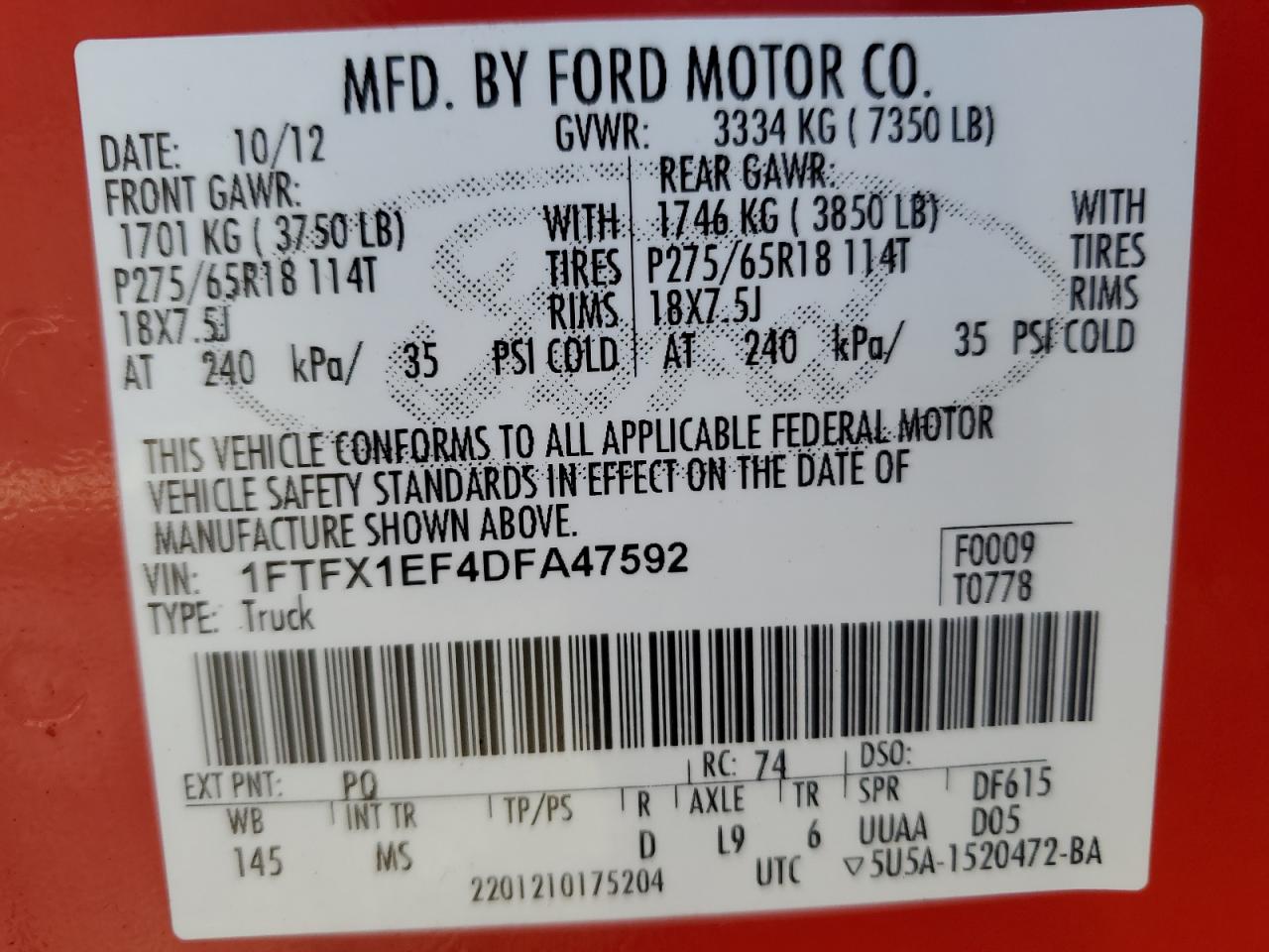 Photo 12 VIN: 1FTFX1EF4DFA47592 - FORD F-150 