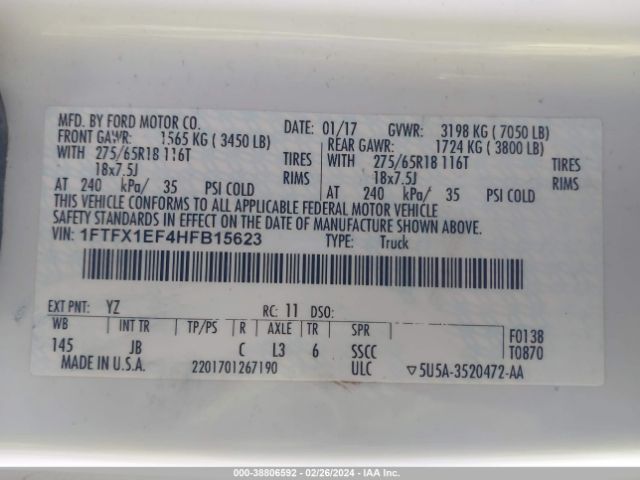 Photo 8 VIN: 1FTFX1EF4HFB15623 - FORD F-150 