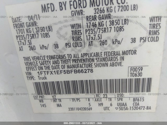 Photo 8 VIN: 1FTFX1EF5BFB66278 - FORD F-150 