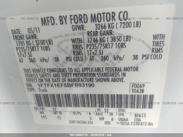 Photo 8 VIN: 1FTFX1EF5BFB93190 - FORD F-150 