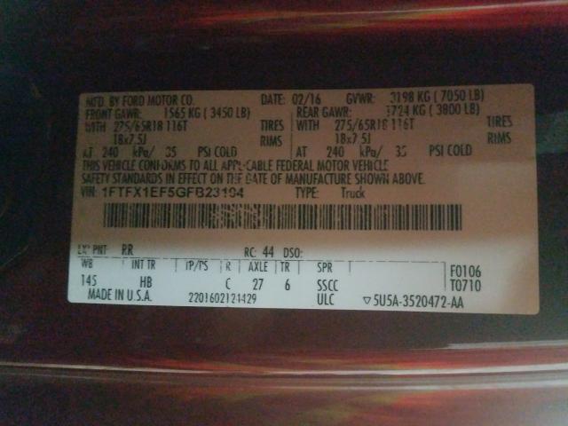 Photo 9 VIN: 1FTFX1EF5GFB23104 - FORD F150 SUPER 