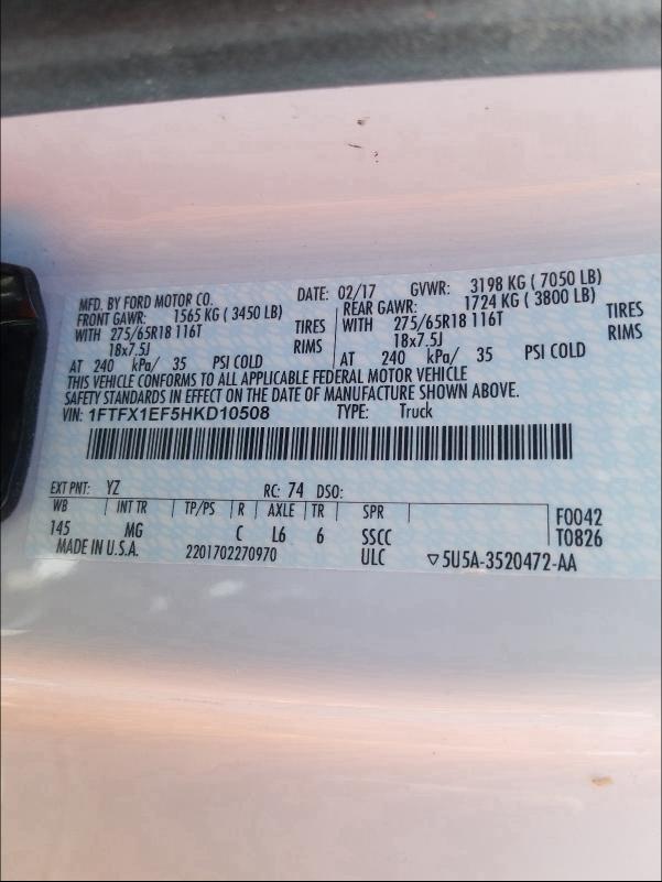 Photo 9 VIN: 1FTFX1EF5HKD10508 - FORD F150 SUPER 