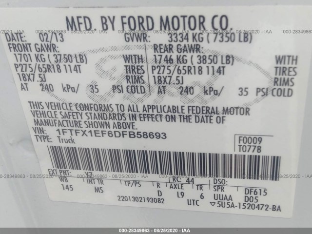 Photo 8 VIN: 1FTFX1EF6DFB58693 - FORD F-150 