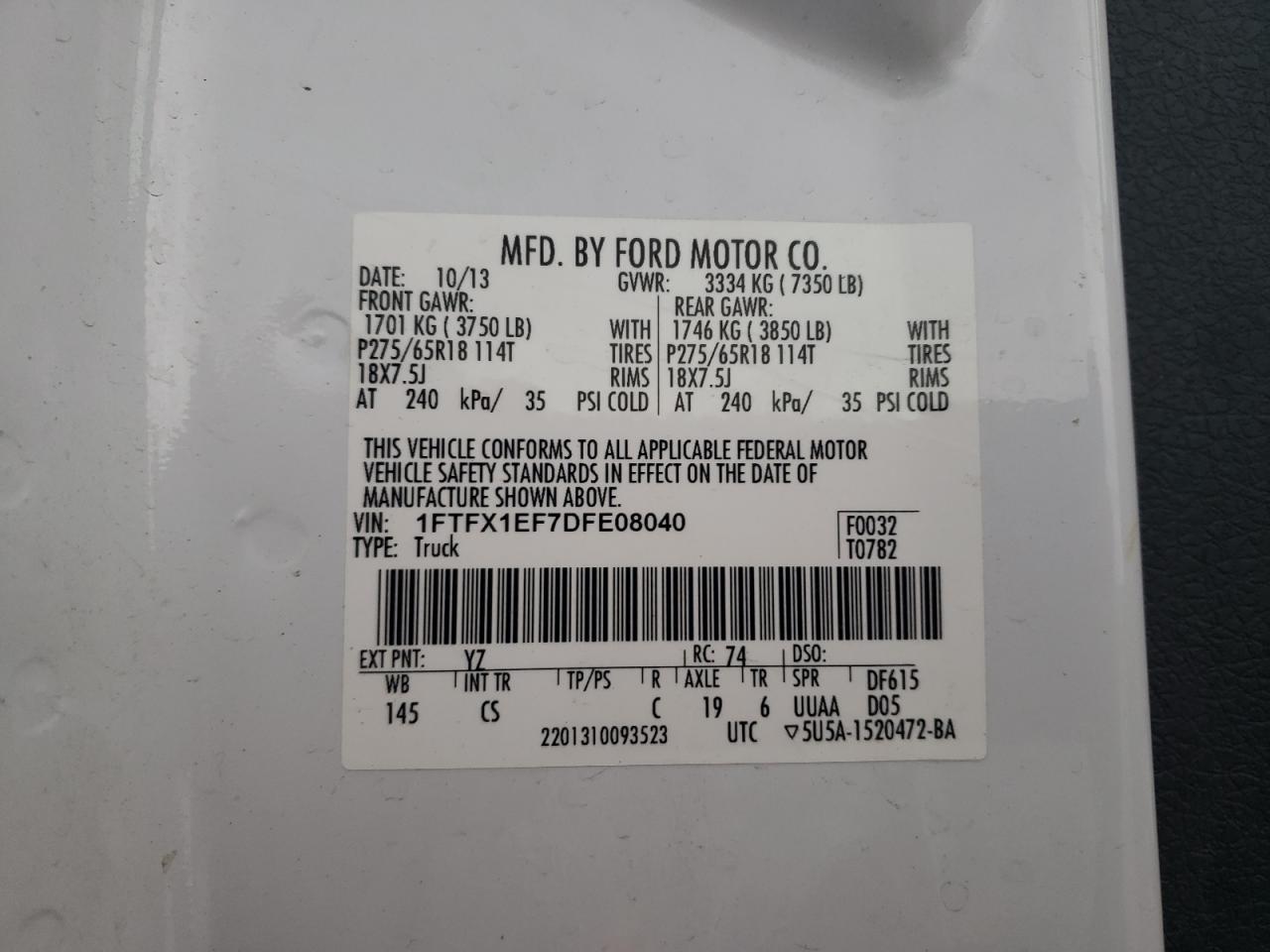 Photo 11 VIN: 1FTFX1EF7DFE08040 - FORD F-150 