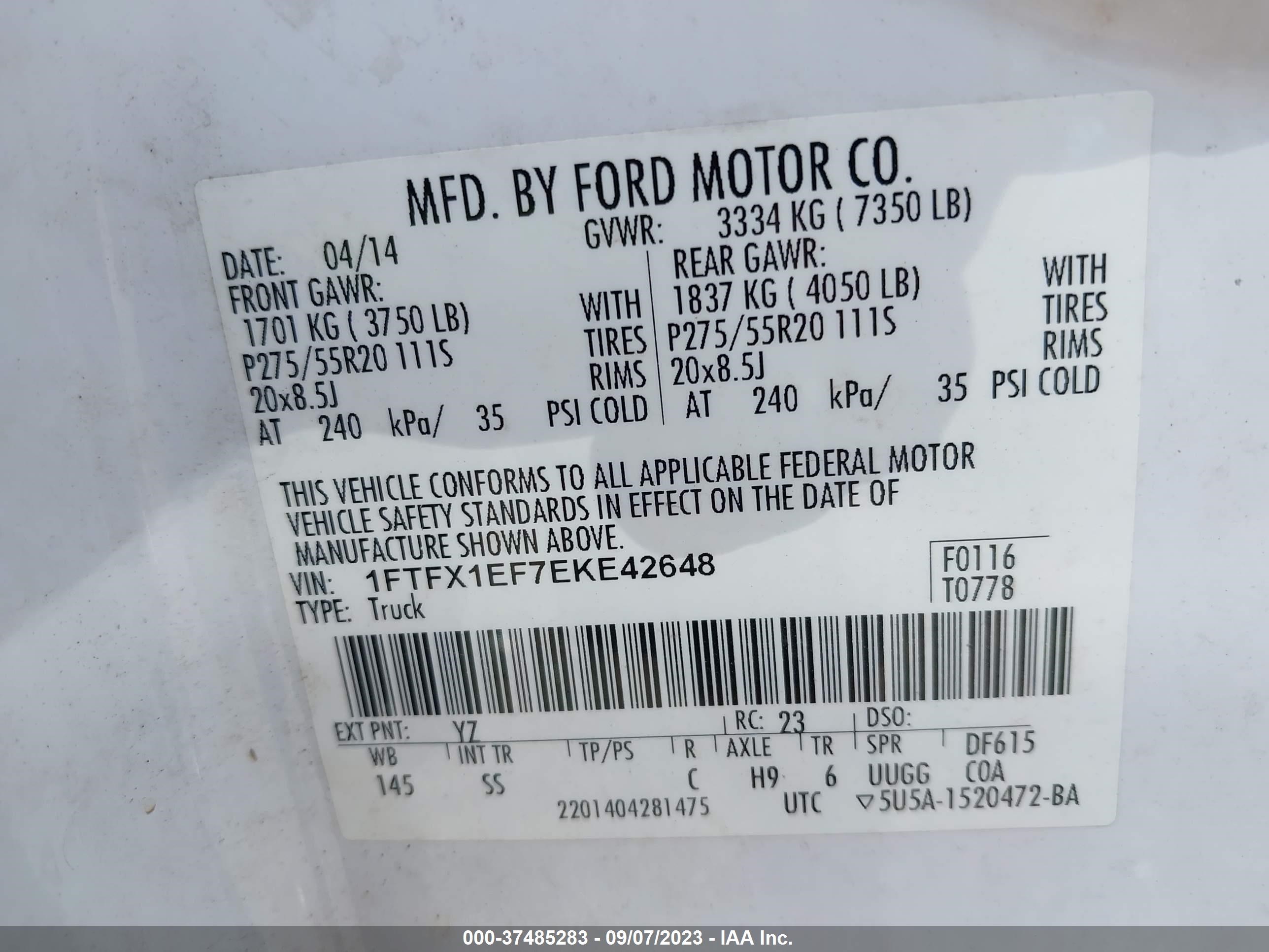 Photo 8 VIN: 1FTFX1EF7EKE42648 - FORD F-150 