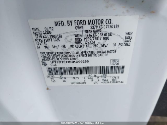 Photo 8 VIN: 1FTFX1EF8CKD99256 - FORD F-150 