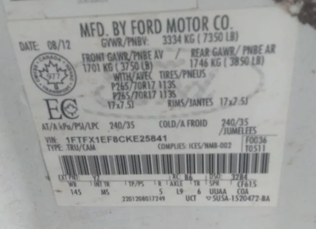 Photo 8 VIN: 1FTFX1EF8CKE25841 - FORD F-150 