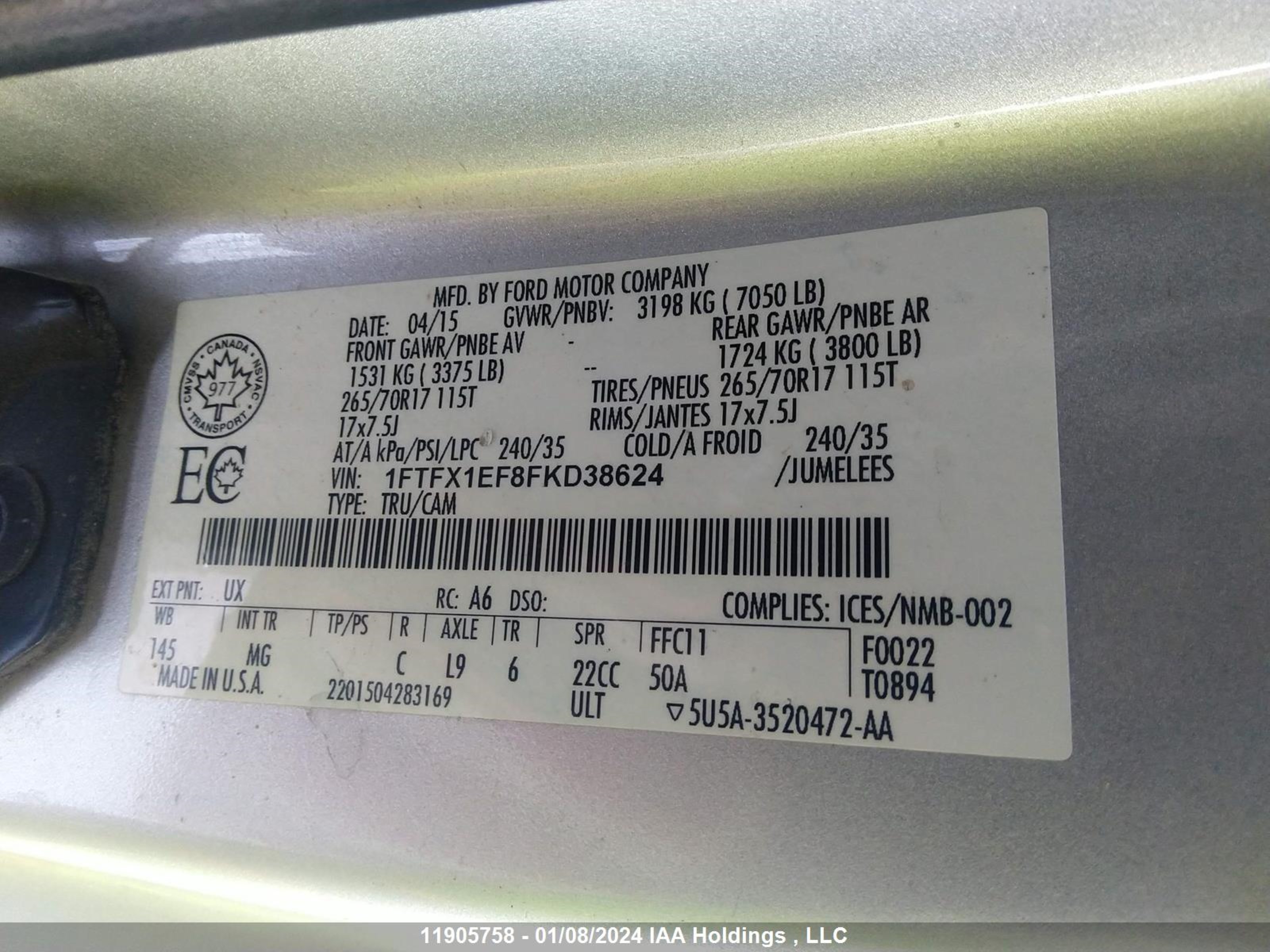 Photo 8 VIN: 1FTFX1EF8FKD38624 - FORD F-150 