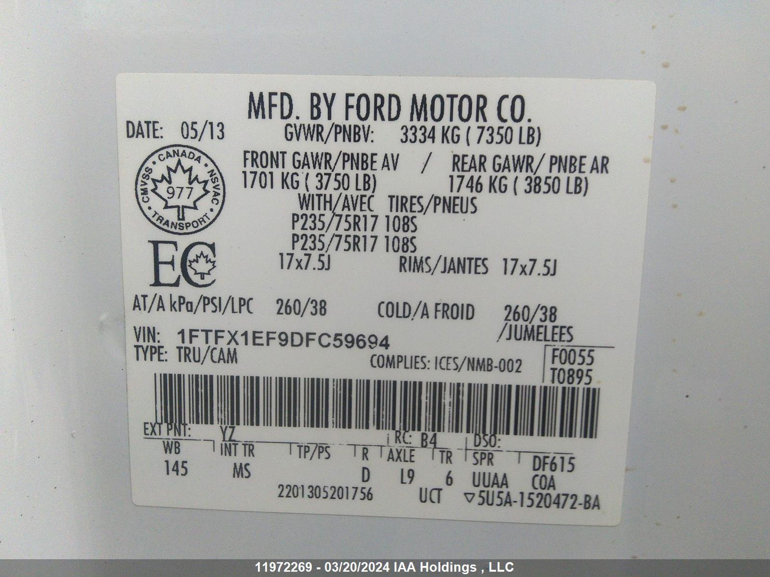 Photo 8 VIN: 1FTFX1EF9DFC59694 - FORD F-150 